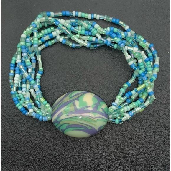 Teal Blue & Green Seed Bead Stretch Bracelet W An Acrylic Marbled Accent Bead - Picture 1 of 3